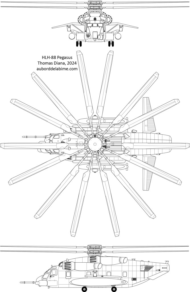Plan trois vues d'un hélicoptère militaire fictif de transport lourd avec des rotors contrarotatifs.