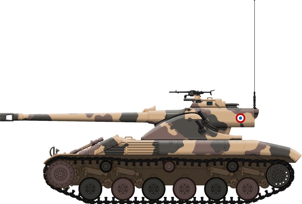 Illustration en couleurs. Vue de profil gauche d’un légers français de type “Batignolles-Châtillon 25T”. Il arbore un camouflage tricolore sable, marron et vert.